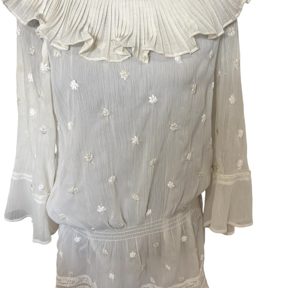 Sundance Tops - Sundance ivory Sheer Boho Blouse Floral Embroidered Pleated Ruffle Neck Size M
